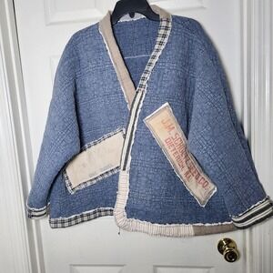 Handmade blue Upcycled quilt coat vintage Reliable feed sack OS